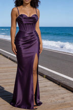 Satin Spaghetti Straps Purple Prom Dresses with Corset