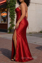 Satin Spaghetti Straps Red Prom Dresses with Corset