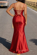 Satin Spaghetti Straps Red Prom Dresses with Corset