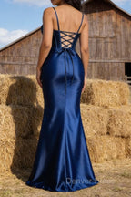 Satin Spaghetti Straps Royal Blue Prom Dresses with Corset
