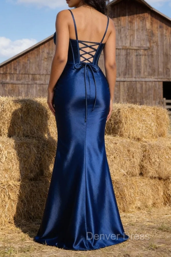 Satin Spaghetti Straps Royal Blue Prom Dresses with Corset