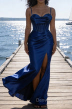 Satin Spaghetti Straps Royal Blue Prom Dresses with Corset