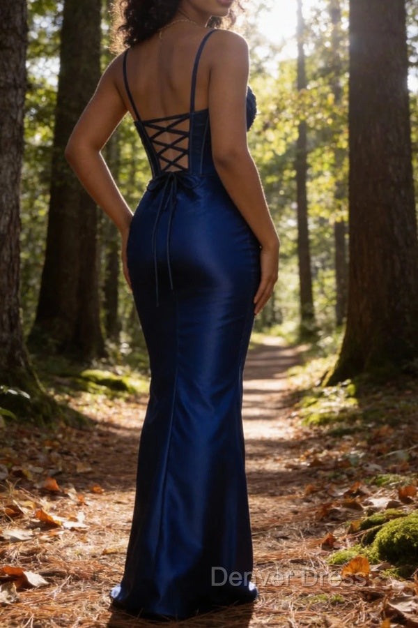 Satin Spaghetti Straps Royal Blue Prom Dresses with Corset