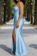 Satin Spaghetti Straps Sky Blue Prom Dresses with Corset
