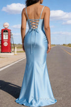 Satin Spaghetti Straps Sky Blue Prom Dresses with Corset