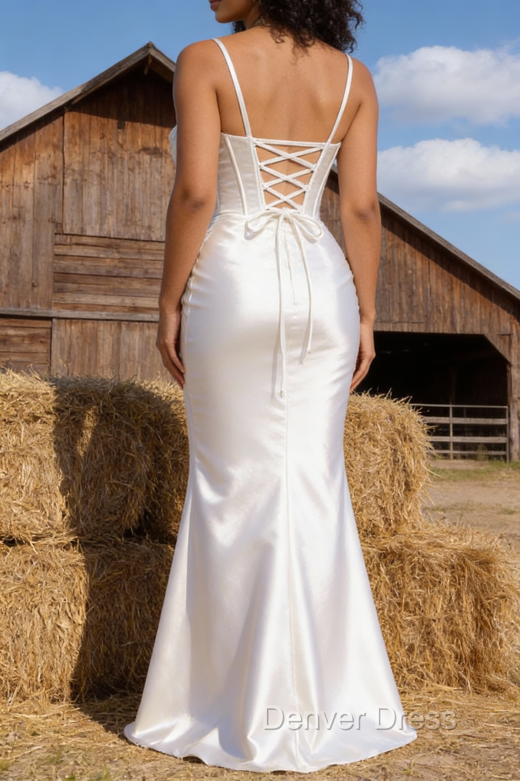 Satin Spaghetti Straps White Prom Dresses with Corset