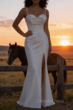 Satin Spaghetti Straps White Prom Dresses with Corset