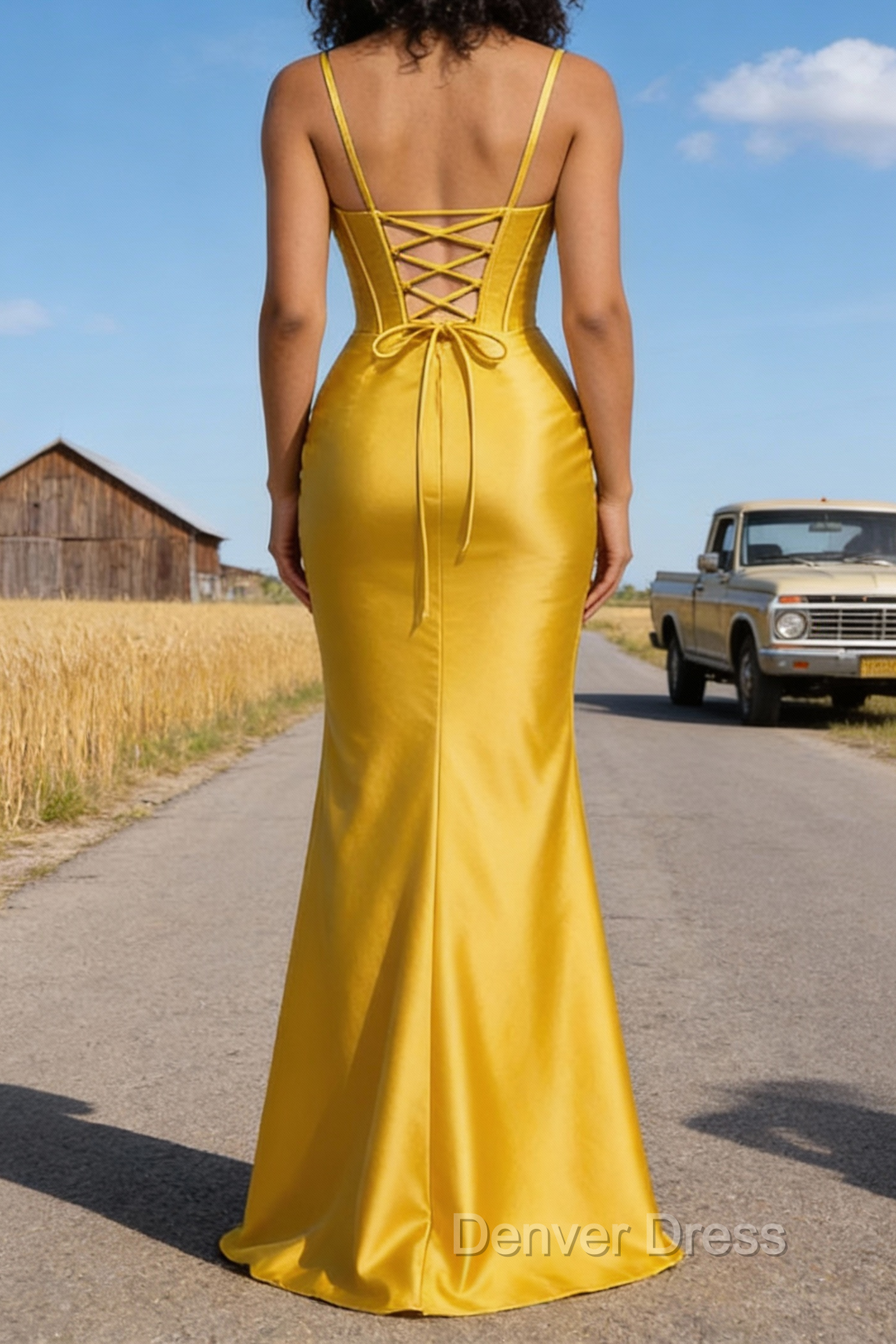 Satin Spaghetti Straps Yellow Prom Dresses with Corset