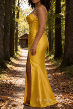 Satin Spaghetti Straps Yellow Prom Dresses with Corset