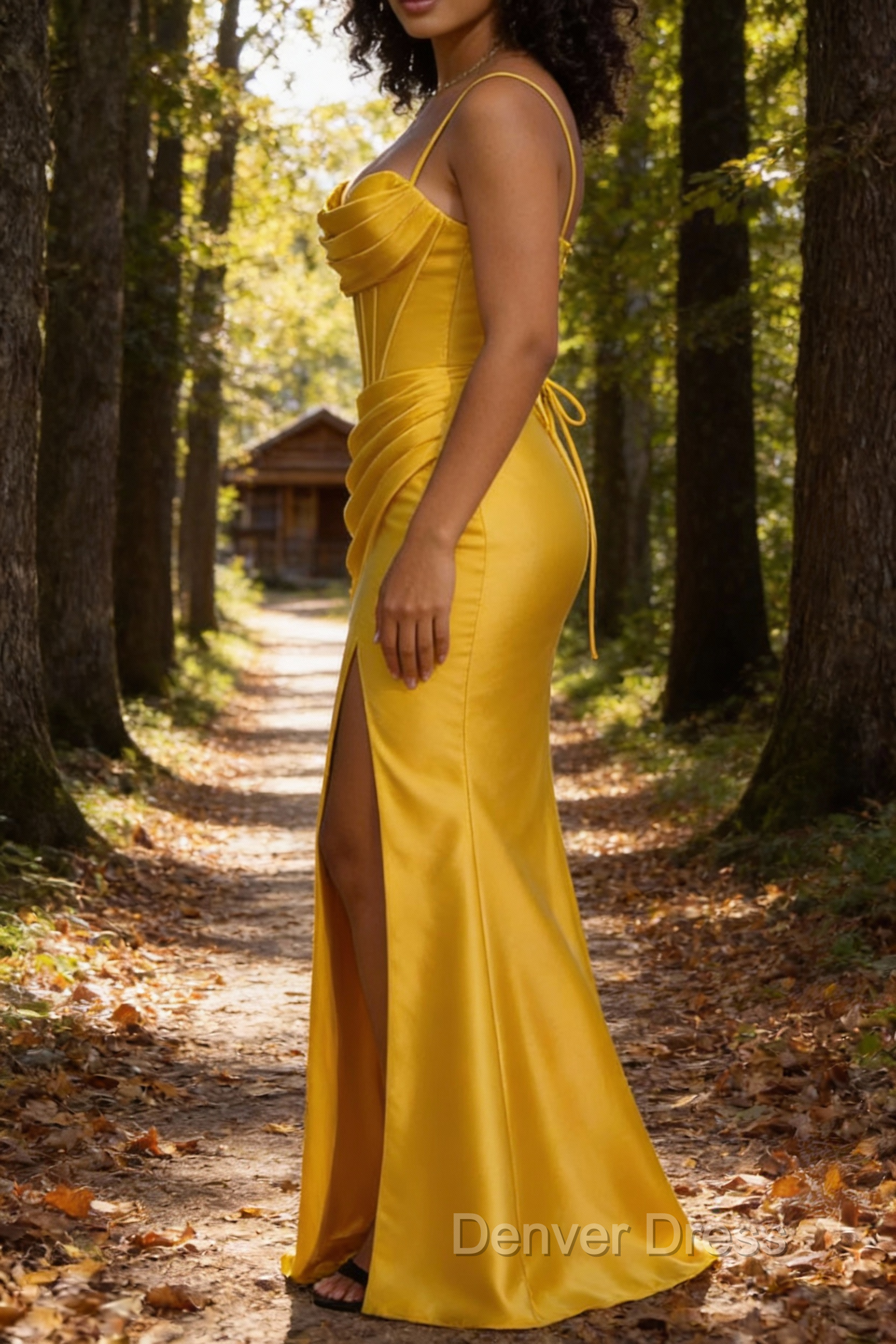 Satin Spaghetti Straps Yellow Prom Dresses with Corset