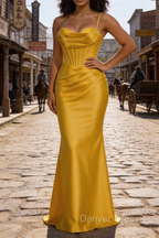 Satin Spaghetti Straps Yellow Prom Dresses with Corset