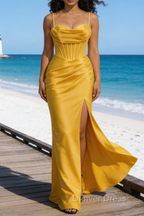 Satin Spaghetti Straps Yellow Prom Dresses with Corset