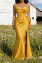 Satin Spaghetti Straps Yellow Prom Dresses with Corset