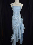 Green Retro Fashion Spaghetti Straps Long Irregular Ruffle Elegant Satin Ball Gowns, Prom Dress