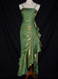 Green Retro Fashion Spaghetti Straps Long Irregular Ruffle Elegant Satin Ball Gowns, Prom Dress
