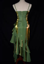 Green Retro Fashion Spaghetti Straps Long Irregular Ruffle Elegant Satin Ball Gowns, Prom Dress