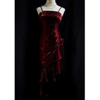 Green Retro Fashion Spaghetti Straps Long Irregular Ruffle Elegant Satin Ball Gowns, Prom Dress