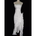Green Retro Fashion Spaghetti Straps Long Irregular Ruffle Elegant Satin Ball Gowns, Prom Dress