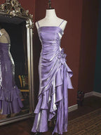 Green Retro Fashion Spaghetti Straps Long Irregular Ruffle Elegant Satin Ball Gowns, Prom Dress
