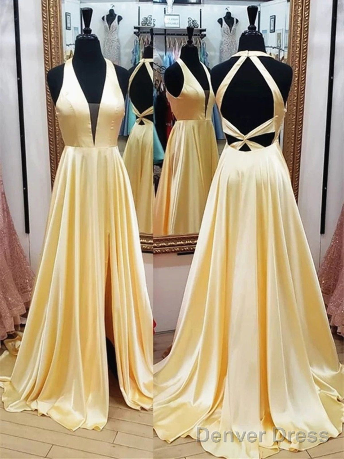 Satin Yellow Celebrity Prom Dresses With Plunging V Neckline