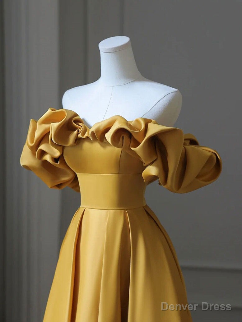 Satin Yellow Long Prom Dress, Aline Prom Yellow Graduation Prom Dresses