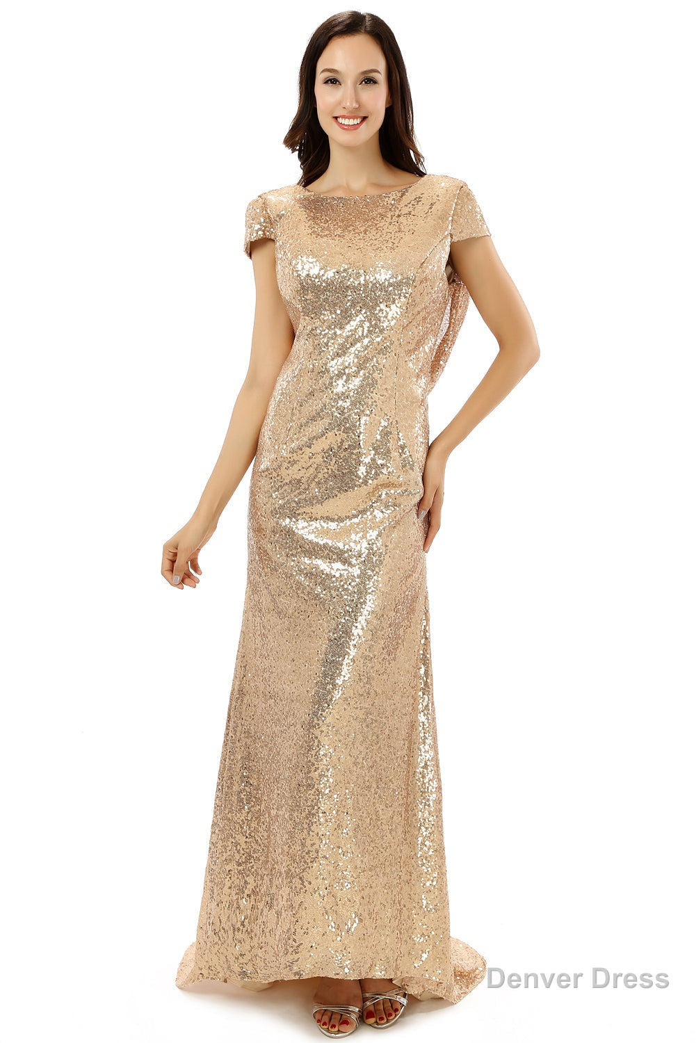 Scoop Backless Floor Length Sparkle Sequins Champagne Prom Dresses