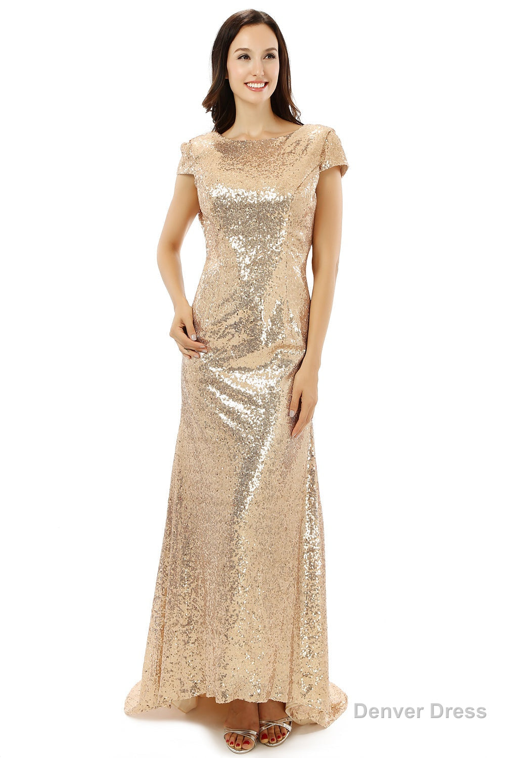 Scoop Backless Floor Length Sparkle Sequins Champagne Prom Dresses