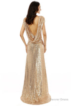 Scoop Backless Floor Length Sparkle Sequins Champagne Prom Dresses