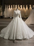 Scoop Long Sleeves Tulle Applique With Beading Chapel Train Ball Gowns Wedding Dresses