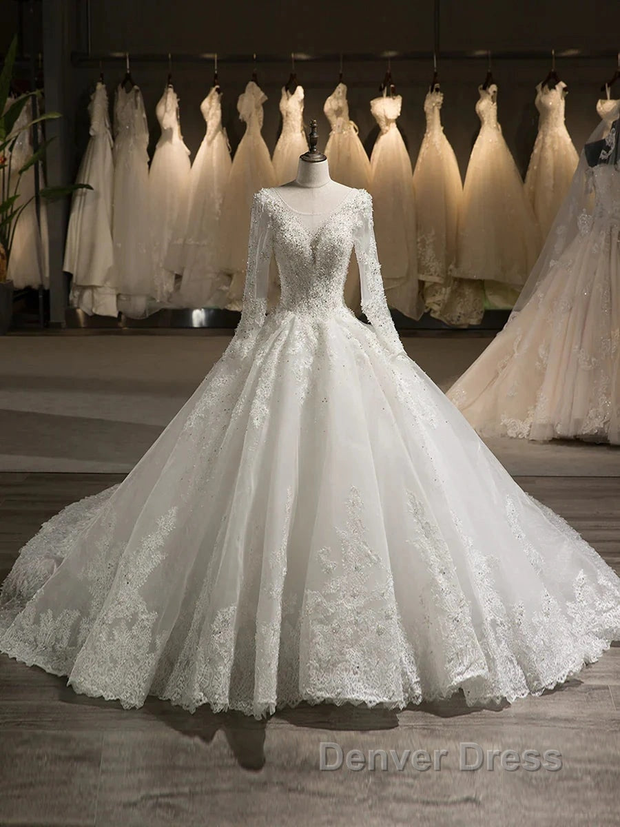 Scoop Long Sleeves Tulle Applique With Beading Chapel Train Ball Gowns Wedding Dresses