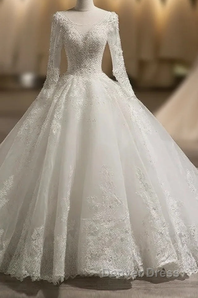 Scoop Long Sleeves Tulle Applique With Beading Chapel Train Ball Gown Wedding Dresses