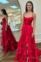 Scoop Neck A Line Lace-Up Ruffle Tiered Red Prom Dress with Slit