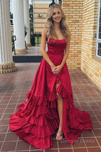 Scoop Neck A Line Lace Up Ruffle Tiered Red Prom Dresses with Slit