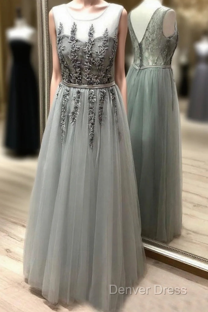 Scoop Neck Floor Length Tulle Sleeveless Prom Dresses Main image