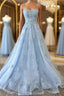 Scoop Neck Light Blue Backless Lace Prom Dress, Scoop Neck Blue Lace Prom Dresses