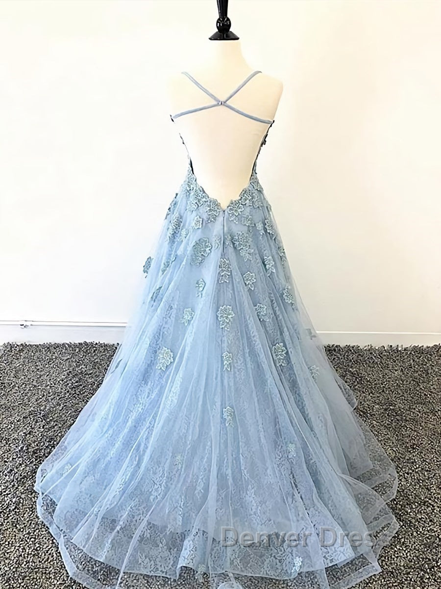 Scoop Neck Light Blue Backless Lace Prom Dress, Scoop Neck Blue Lace Prom Dresses
