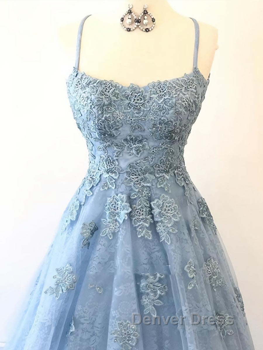 Scoop Neck Light Blue Backless Lace Prom Dress, Scoop Neck Blue Lace Prom Dresses