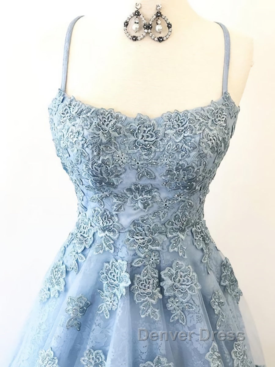 Scoop Neck Light Blue Backless Lace Prom Dress, Scoop Neck Blue Lace Prom Dresses