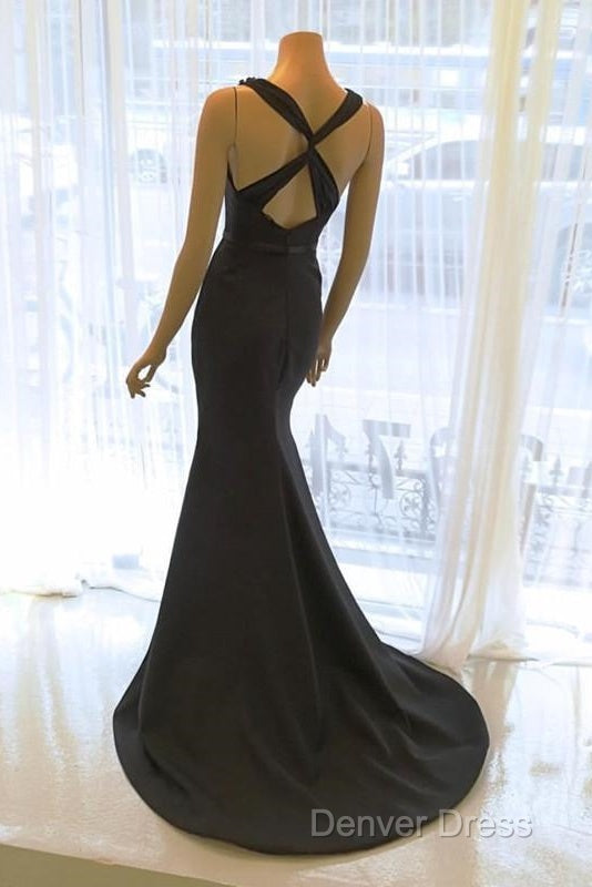 Scoop Neck Long Black Satin Mermaid Prom Dresses