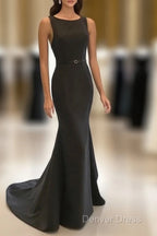 Scoop Neck Long Black Satin Mermaid Evening Dresses