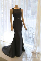 Scoop Neck Long Black Satin Mermaid Evening Dresses
