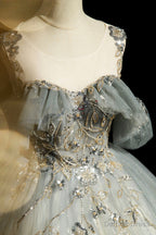 Scoop Neckline Tulle Long Prom Dress with Beaded, A Line Prom Dresses