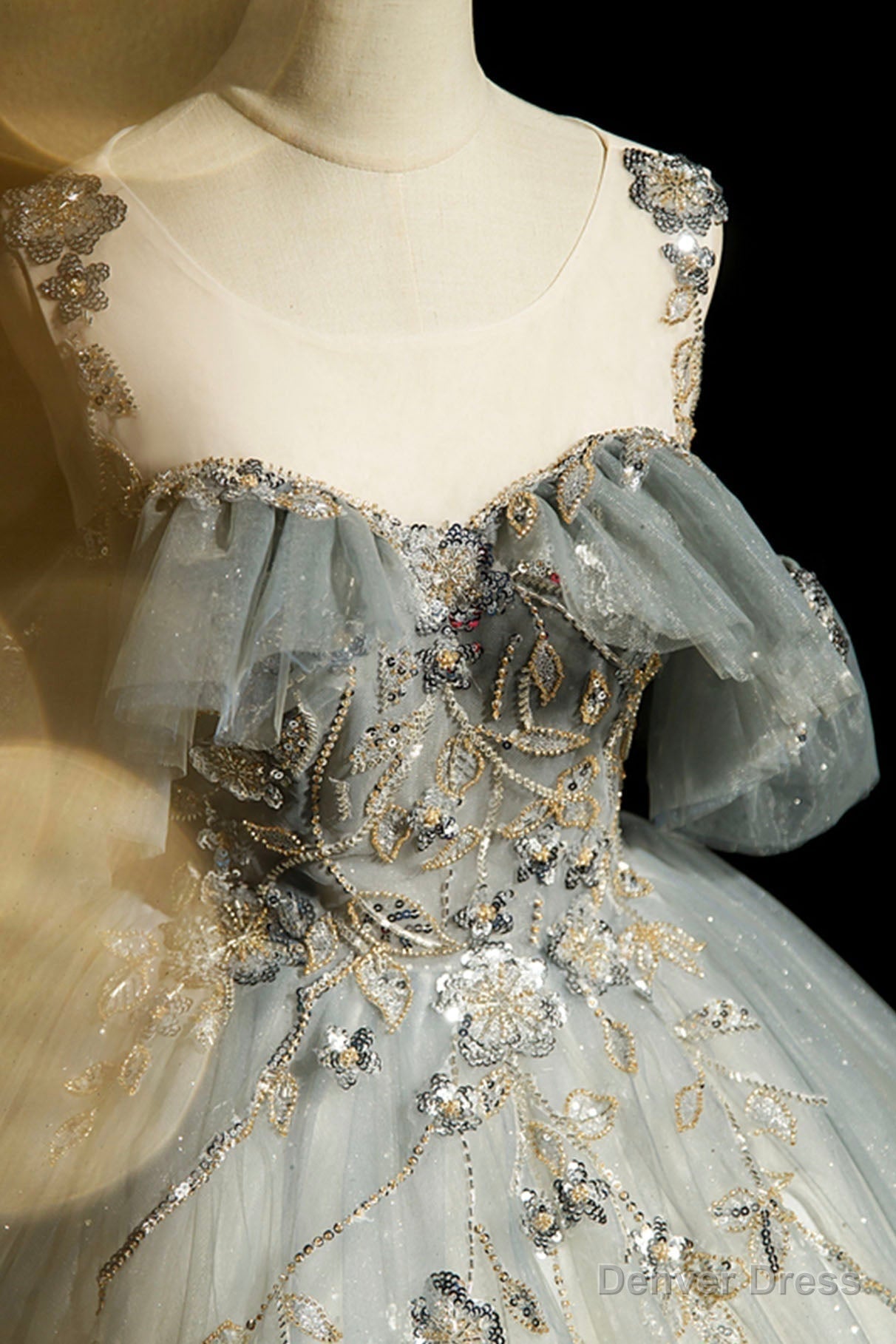 Scoop Neckline Tulle Long Prom Dress with Beaded, A Line Prom Dresses
