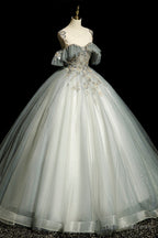 Scoop Neckline Tulle Long Prom Dress with Beaded, A Line Prom Dresses