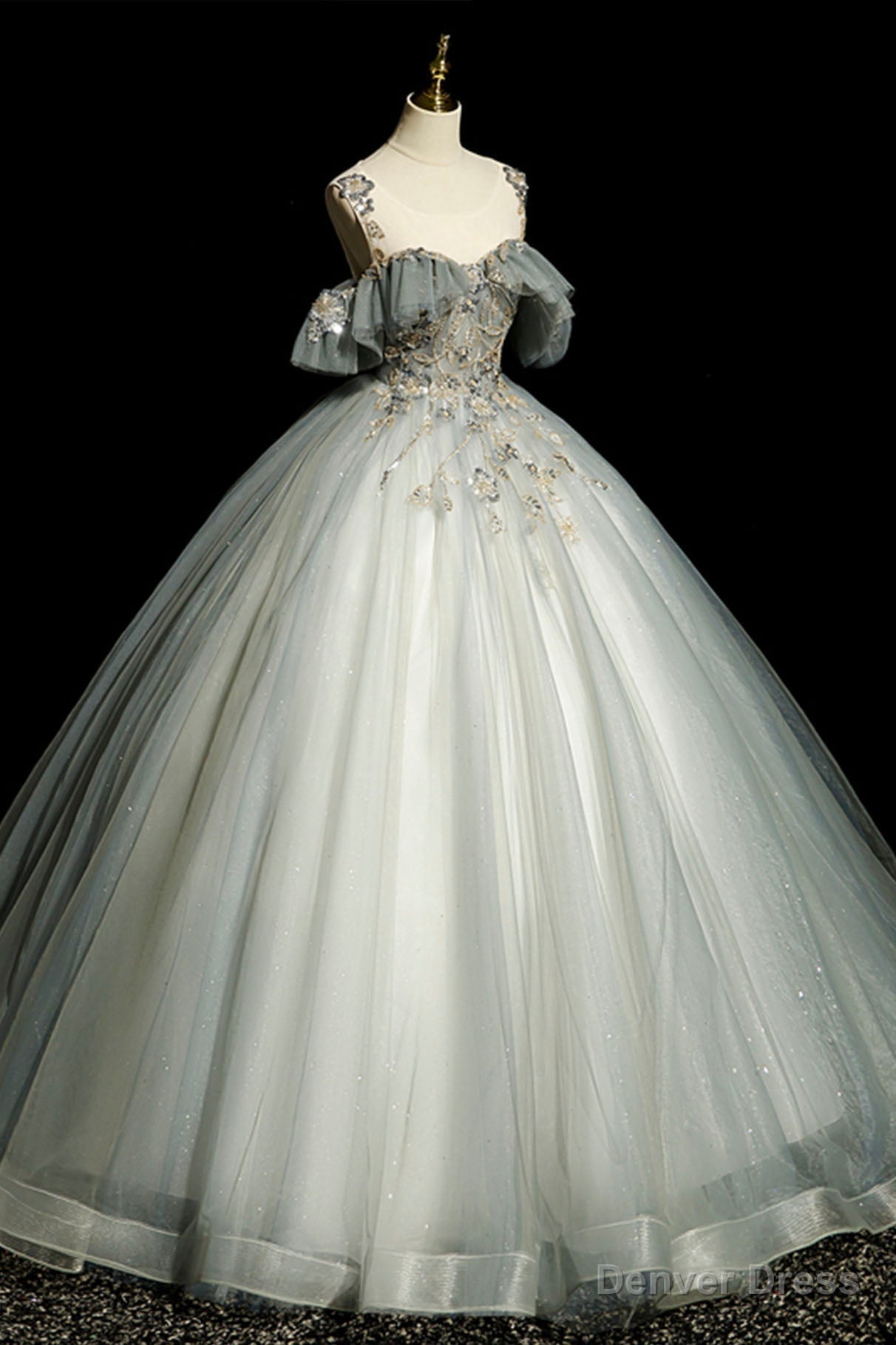 Scoop Neckline Tulle Long Prom Dress with Beaded, A Line Prom Dresses