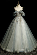 Scoop Neckline Tulle Long Prom Dress with Beaded, A Line Prom Dresses