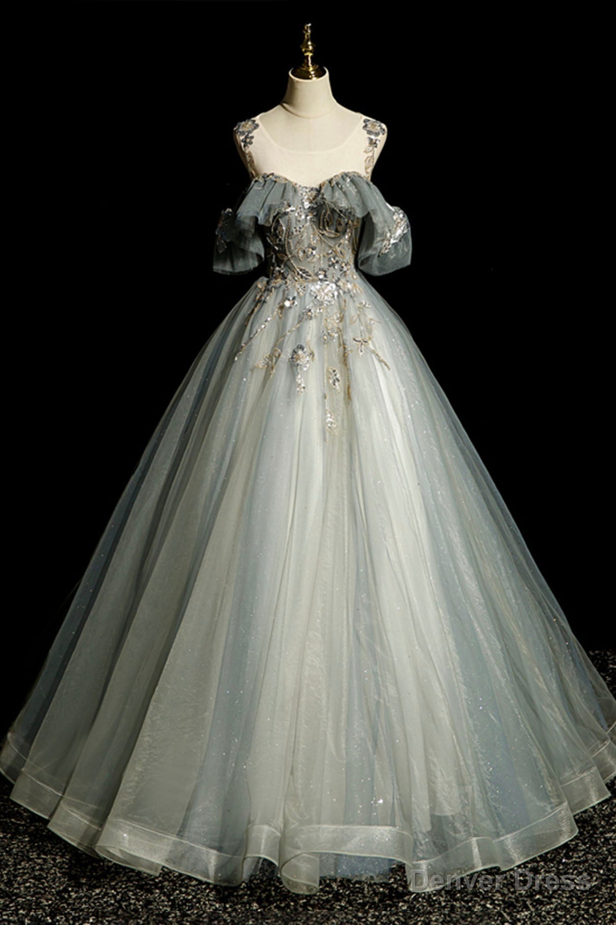 Scoop Neckline Tulle Long Prom Dress with Beaded, A Line Prom Dresses