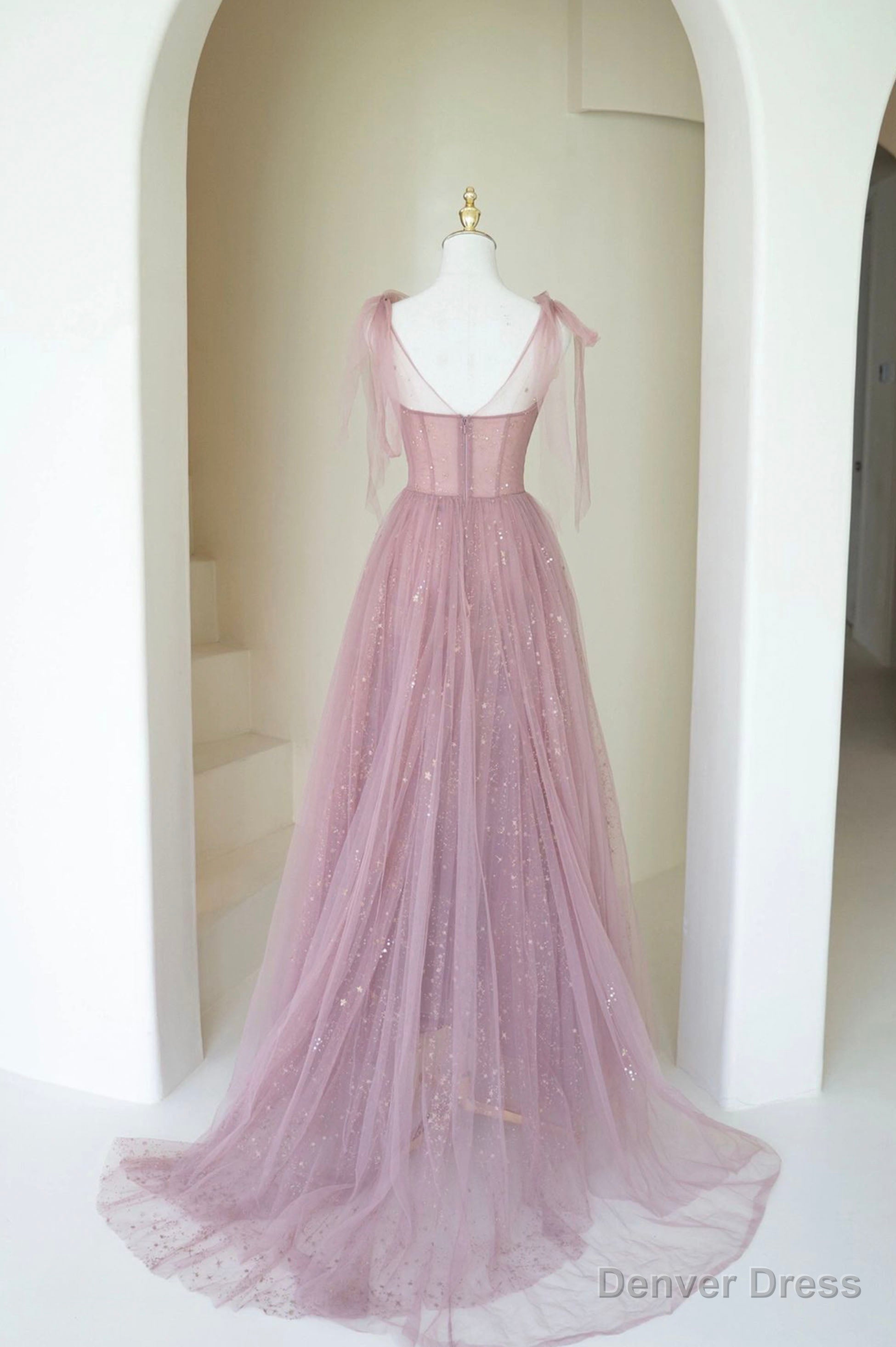 Scoop Neckline Tulle Pink Long Prom Dress, Cute A-Line Evening Party Dress Secondary image