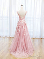 Scoop Neckline Tulle Pink Long Prom Dress, Pink Backless Prom Dresses