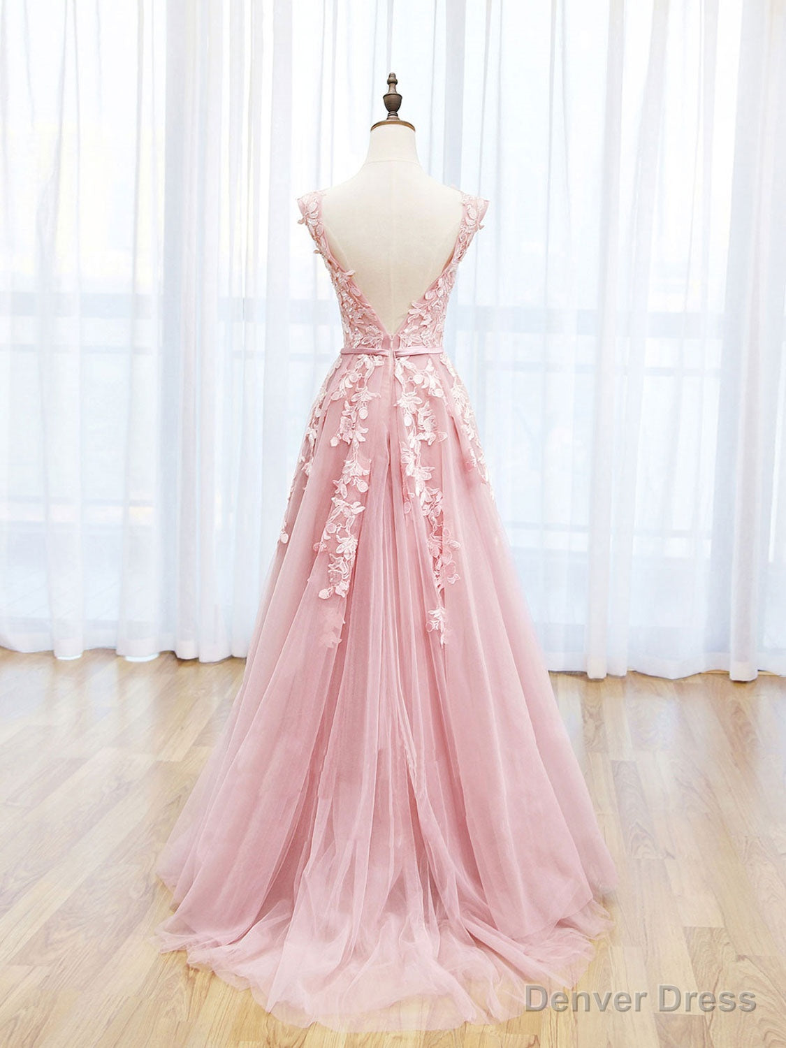 Scoop Neckline Tulle Pink Long Prom Dress, Pink Backless Prom Dresses